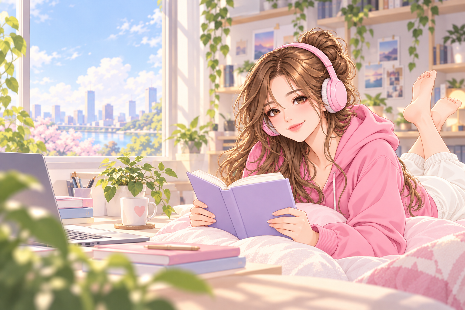 一位戴着耳机趴在床上看书的二次元女生